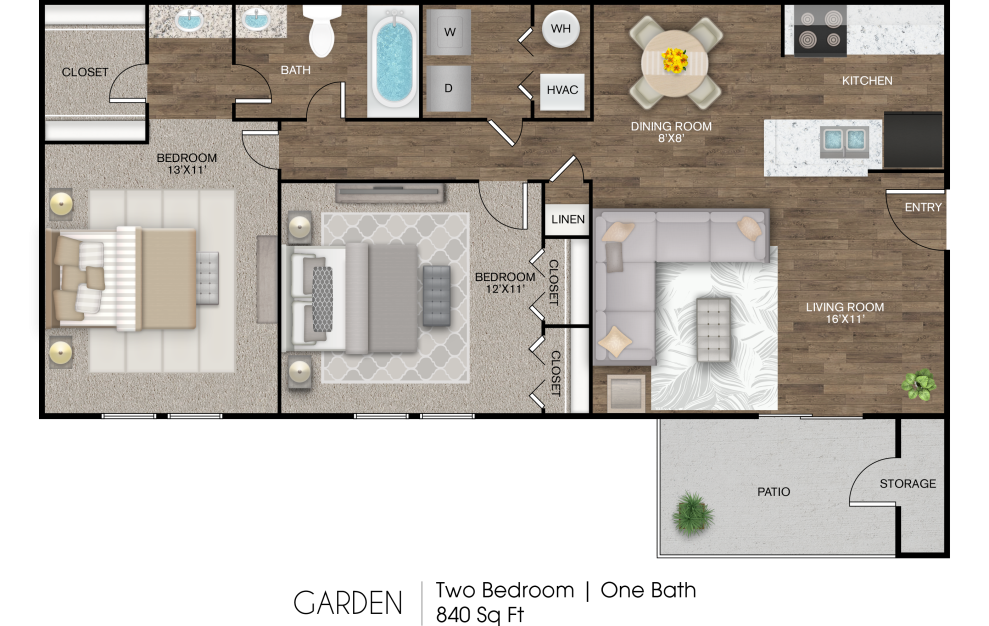 Garden - 2 bedroom floorplan layout with 1 bath and 840 square feet.