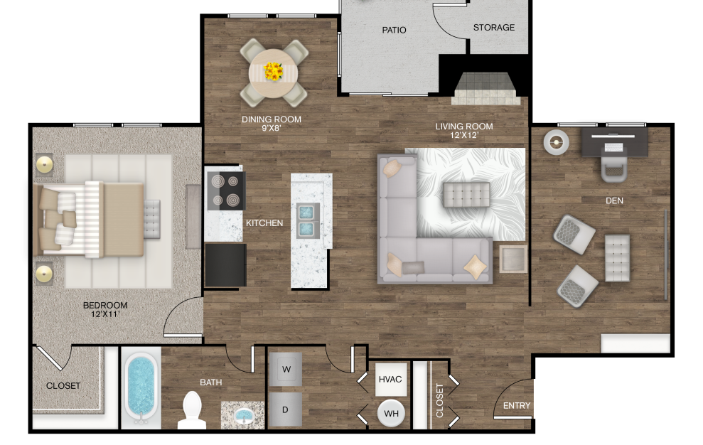 Garland - 1 bedroom floorplan layout with 1 bath and 826 square feet.