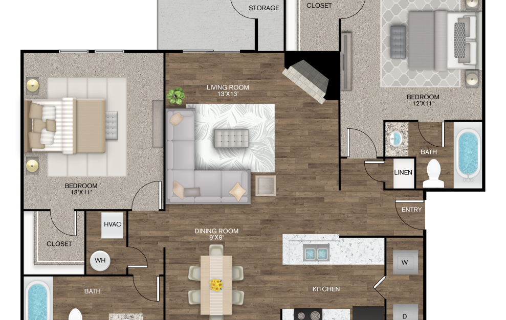 Gazebo - 2 bedroom floorplan layout with 2 baths and 928 square feet.