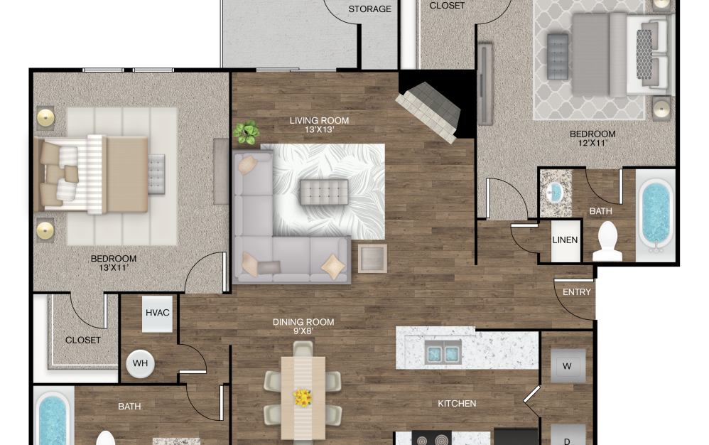 Gazebo - 2 bedroom floorplan layout with 2 bathrooms and 928 square feet