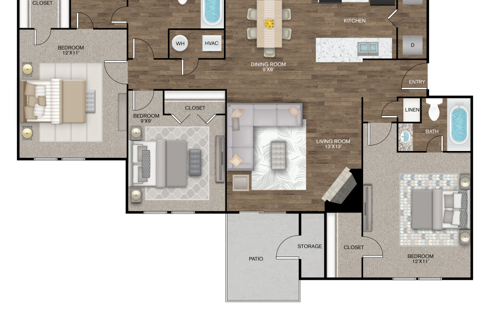 Greenhouse - 3 bedroom floorplan layout with 2 baths and 1101 square feet.