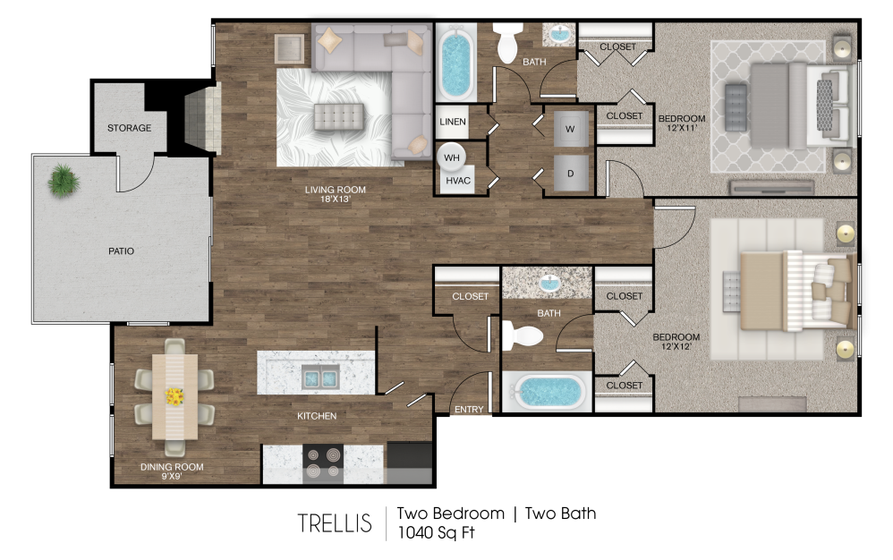 Trellis - 2 bedroom floorplan layout with 2 bathrooms and 1048 square feet