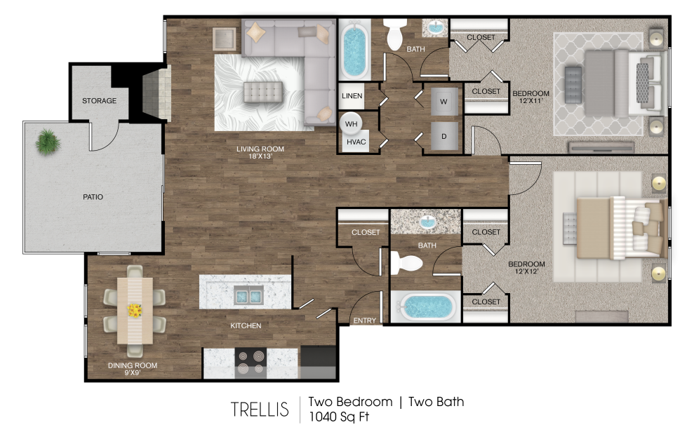 Trellis - 2 bedroom floorplan layout with 2 baths and 1048 square feet.