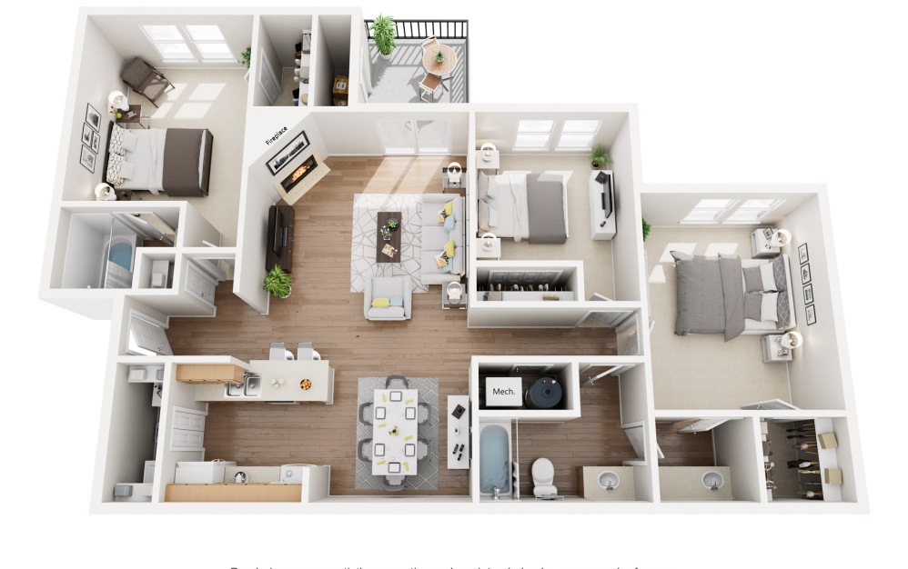 Greenhouse - 3 bedroom floorplan layout with 2 bathrooms and 1101 square feet